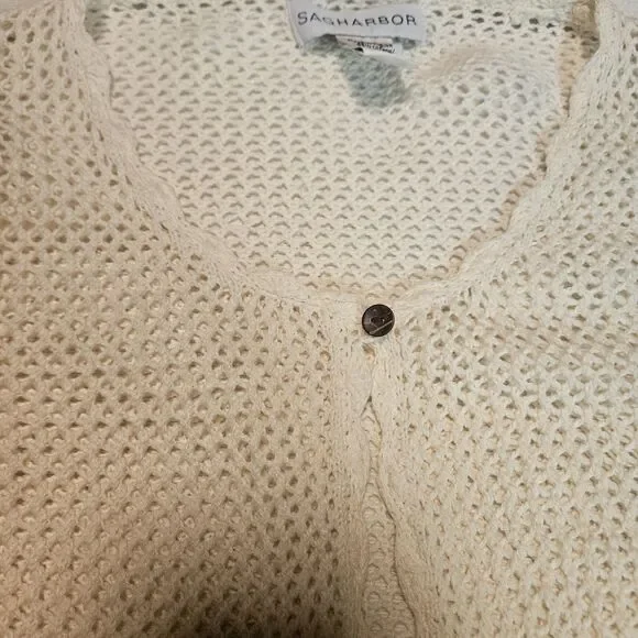 Sag Harbor L Crochet Knit Cardigan Scalloped Trim Cream Ivory Cottagecore Boho - Picture 7 of 11